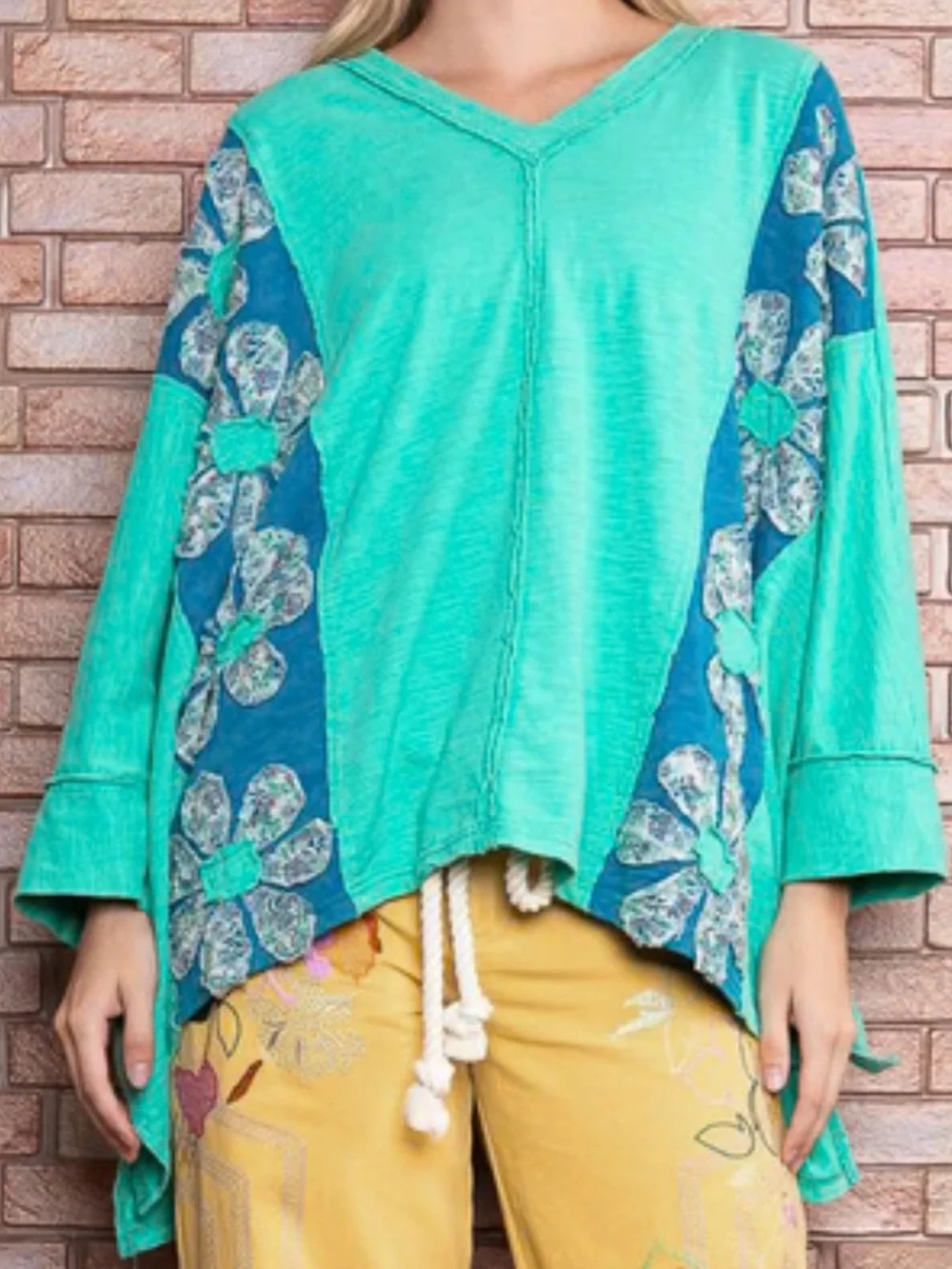 BlueVelvet Color Block Panel Top with Flower Patches in Aqua Green